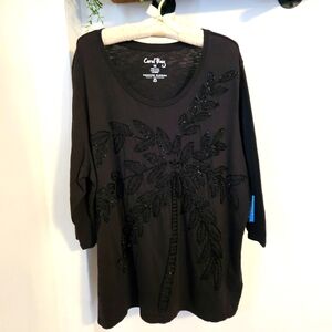 Coral Bay Womens Black Palm Tree Sequined Top 1X Forever Florida‎ NWT